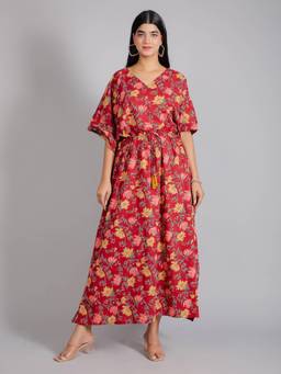 House of Gulab - Maroon Floral Motifs Cotton Maxi Kaftan Dress
