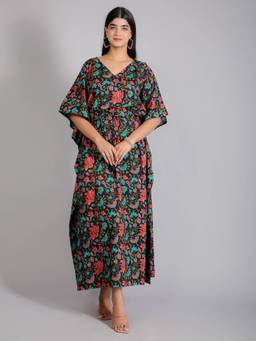 House of Gulab - Black Floral Print Cotton Maxi Kaftan Dress