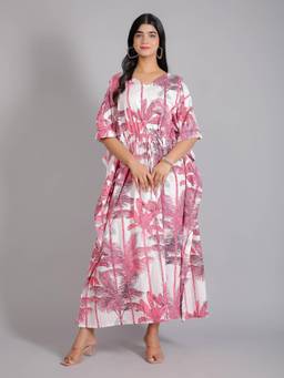 House of Gulab - Pink Tropical Print Cotton Maxi Kaftan Dress