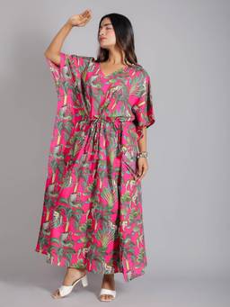House of Gulab - Pink Tropical Print Cotton Kaftan Maxi Dress