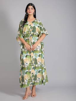 House of Gulab - Green Peacock Branch Print Cotton Kaftan Maxi Dress