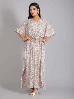 House of Gulab - White Floral Printed Cotton Kaftan Maxi Dress