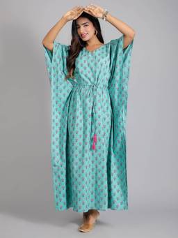House of Gulab - Teal Floral Print Cotton Maxi Kaftan Dress
