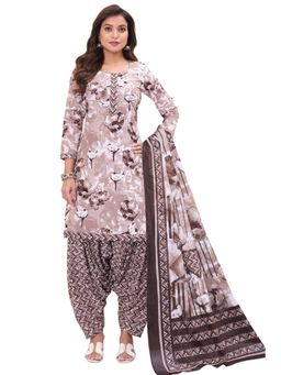 SALWAR STUDIO - Cotton Printed Brown Unstitched Dress Material (Set of 3)