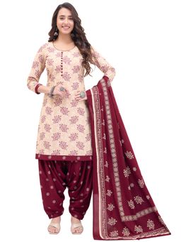 SALWAR STUDIO - Cotton Printed Beige Unstitched Dress Material (Set of 3)
