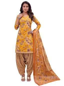 SALWAR STUDIO - Cotton Printed Mustard Unstitched Dress Material (Set of 3)
