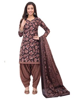 SALWAR STUDIO - Cotton Printed Brown Unstitched Dress Material (Set of 3)