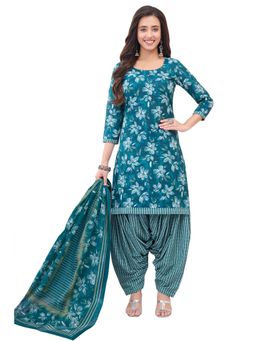 SALWAR STUDIO - Cotton Printed Turquoise Unstitched Dress Material (Set of 3)