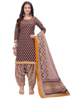 SALWAR STUDIO - Cotton Printed Brown Unstitched Dress Material (Set of 3)
