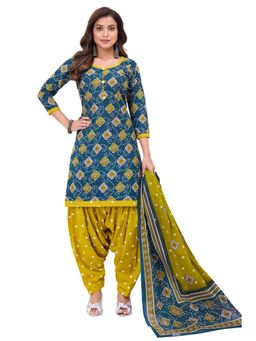 SALWAR STUDIO - Cotton Printed Navy Blue Unstitched Dress Material (Set of 3)