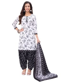 SALWAR STUDIO - Cotton Printed White Unstitched Dress Material (Set of 3)