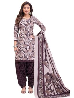 SALWAR STUDIO - Cotton Printed Brown Unstitched Dress Material (Set of 3)
