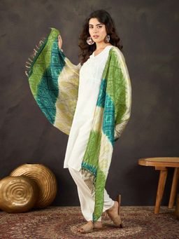 KVS FAB - Green Silk Blend Bandhej Printed Tassel Lace Dupatta