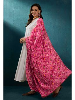 KVS FAB - Pink Silk Blend Patola Printed Tassel Lace Dupatta