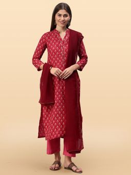 KVS FAB - Pink Cotton Blend Printed Straight Unstitched Dress Material (Set of 3)