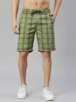 Thomas Scott - Mens Checked Mid Rise Slim Fit Shorts - Olive