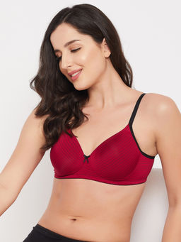 Clovia - Padded Non-Wired Full Cup Striped T-shirt Bra in Maroon