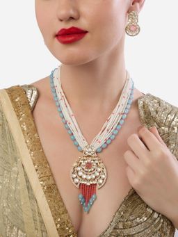 Zaveri Pearls - ZPFK19069 Peach Pastel Blue Multistrand Long Necklace with Earrings (Set of 2)