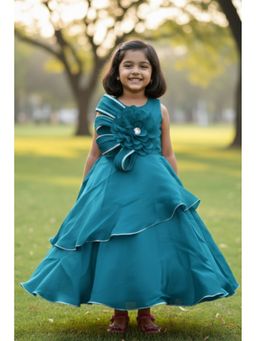 Lagorii - Teal Layered Party Gown With Floral Applique