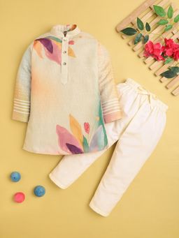 Jeetethnics - Boys Beige Floral Print Kurta With Pyjama