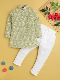 Jeetethnics - Boys Lime Green Block Printed Kurta With Pyjama