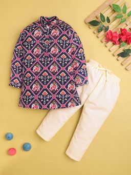 Jeetethnics - Boys Navy Blue Printed Kurta With Pyjama