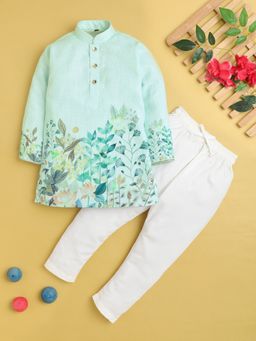 Jeetethnics - Boys Green Floral Printed Kurta With Pyjama