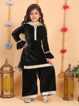 Superminis - Black Lace Work Kurta With Palazzo And Dupatta