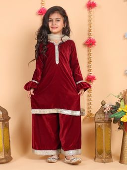 Superminis - Maroon Lace Work Kurta With Palazzo And Dupatta