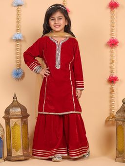 Superminis - Girls Velvet Full Sleeves Kurta And Sharara And Dupatta