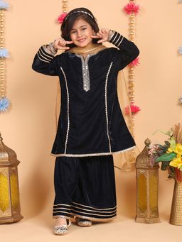 Superminis - Girls Velvet Full Sleeves Kurti And Sharara And Dupatta