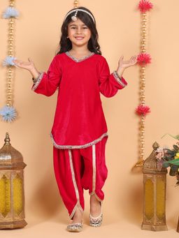 Superminis - Red Velvet Lace Work Full Sleeves Kurti And Dhoti