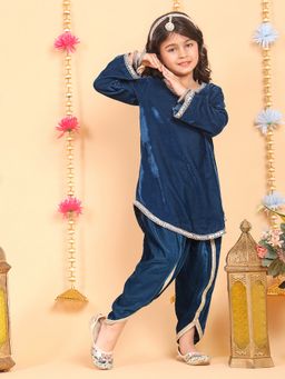 Superminis - Teal Velvet Lace Work Full Sleeves Kurta And Dhoti