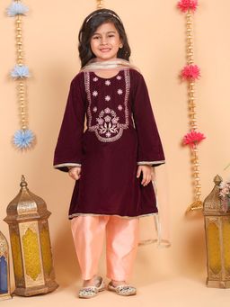Superminis - Wine Embroidery Work Kurta With Pant And Dupatta