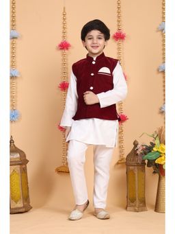 Superminis - Maroon Cotton Kurta With Pyjama And Velvet Jacket