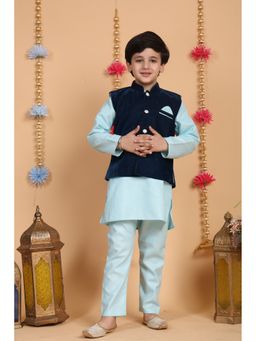 Superminis - Blue Cotton Kurta With Pyjama And Velvet Jacket