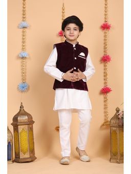 Superminis - Wine Cotton Kurta With Pyjama And Velvet Jacket