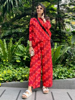 Uptownie - Pleated Co-Ord with Three Quarter Sleeves-Red (Set of 2)