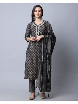 Rajnandini - Grey Muslin Jaipuri Embroidered Kurta With Dupatta (Set of 3)