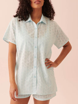 La Vie En Rose - Eyelet Short Sleeve Button-Down Shirt