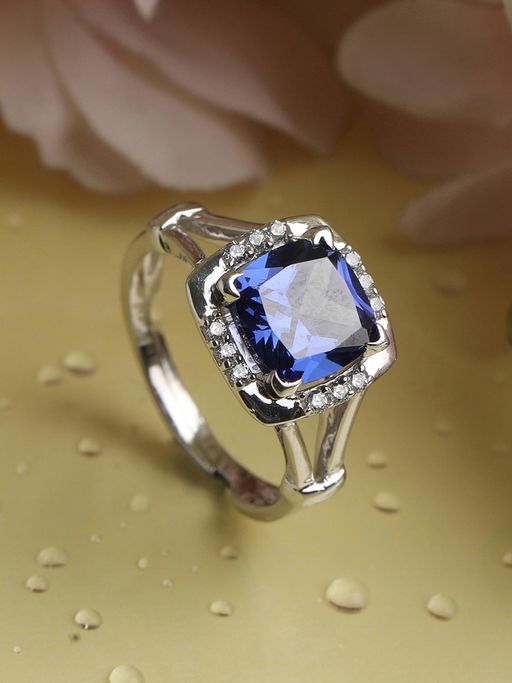 CLARA 925 Silver Rhodium Plated Swiss Zirconia Royal Blue Cushion Adjustable Ring For Women & Girls