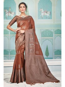 Sangam Prints - Brown Cotton Woven Zari Work Traditional Tassel Saree with Unstitched Blouse