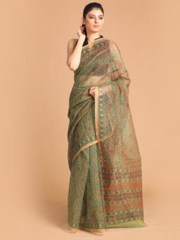 Indethnic - Olive Printed Super Net Saree with Unstitched Blouse