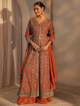 Libas Art - Women's Embroidered Orange Kurta with Palazzo & Dupatta