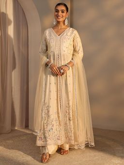 Libas Art - Women's Embroidered Cream Kurta with Palazzo & Dupatta