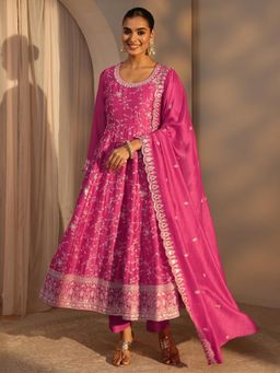Libas - Women's Embroidered Pink Anarkali Kurta with Pant & Dupatta