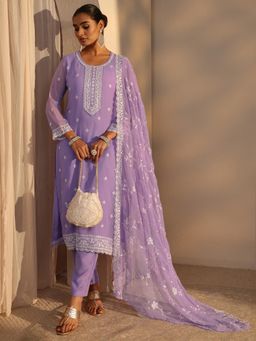 Libas - Women's Embroidered Lavender Kurta with Pant & Dupatta