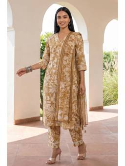 Aurelia - Women's Floral Brown Kurta with Pant & Dupatta