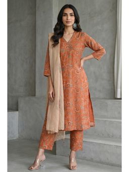 Folksong - Women's Floral Orange Kurta with Pant & Dupatta