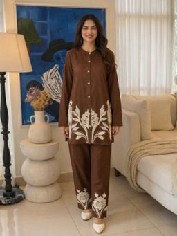 Autumnlane - Women's Embroidered Brown Co-Ord Set
